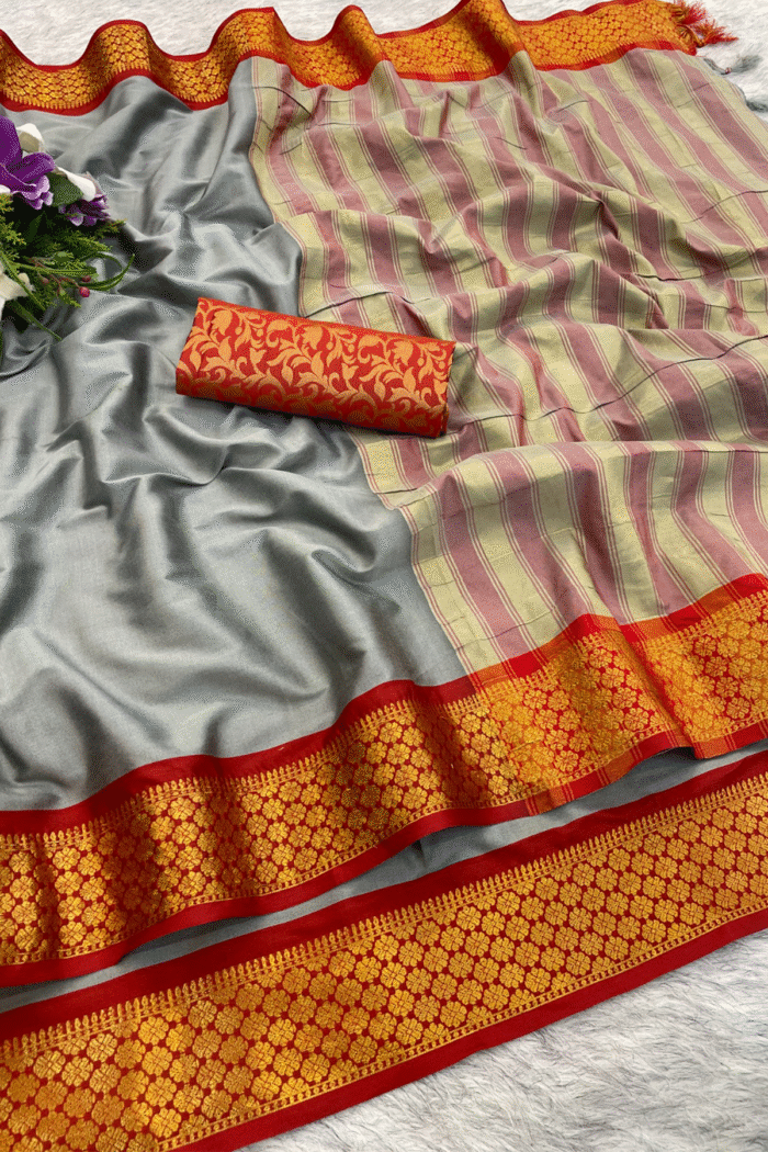 Silk Saree With Beautiful Zari Motifs Work - Image 8