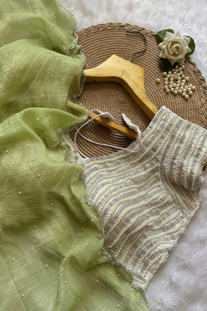 Beautiful Handwork Crush Silk Saree & Stitched Blouse - Image 4