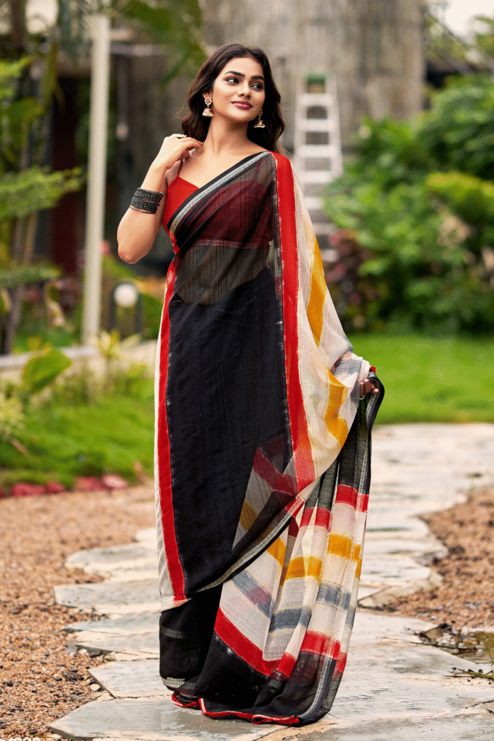 Chiffon Weaving Border With Brush Print Saree Collection - Image 3