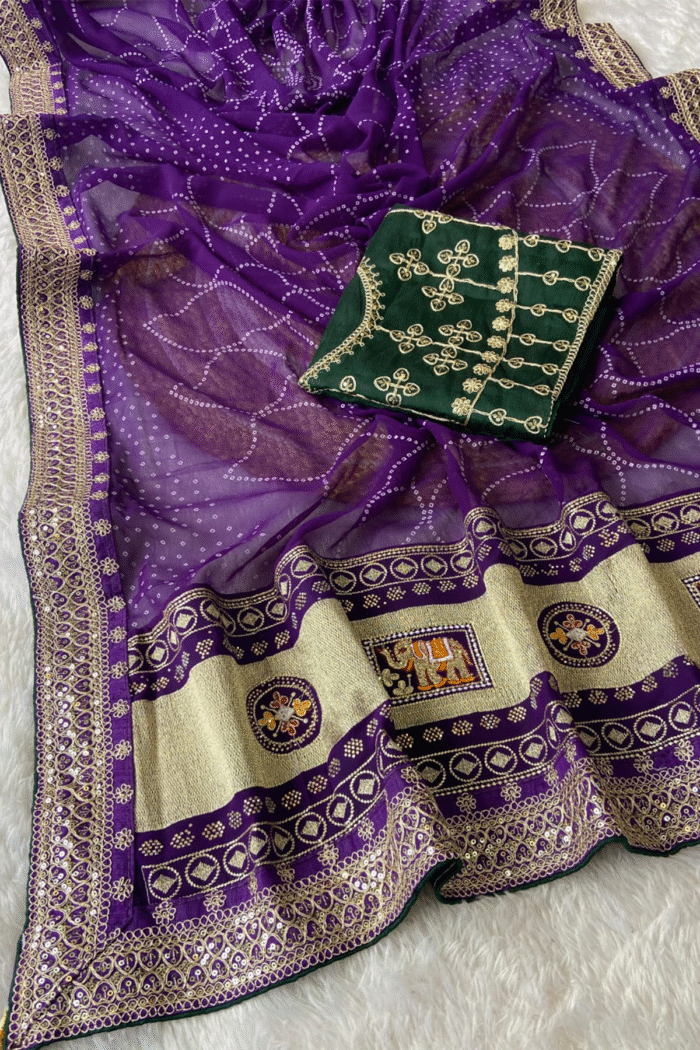 Georgette Sequence Border With Bandhani Print  Contrast Blouse - Image 2