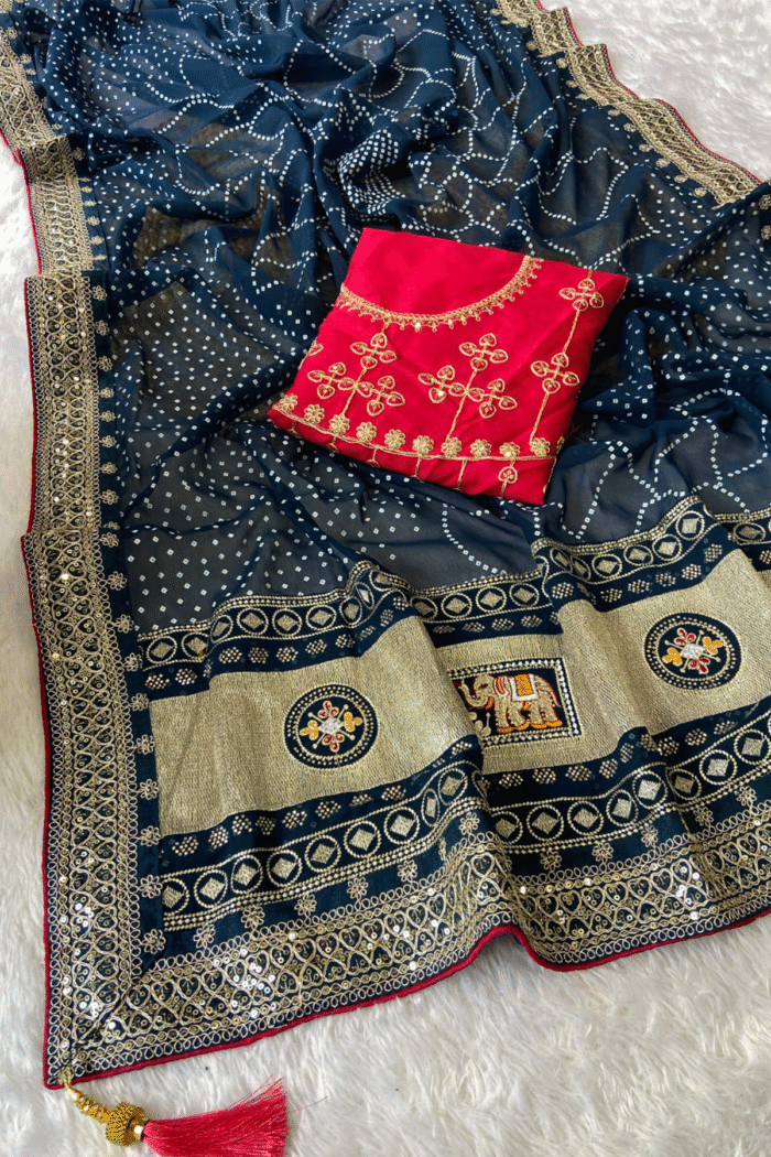 Georgette Sequence Border With Bandhani Print  Contrast Blouse - Image 4