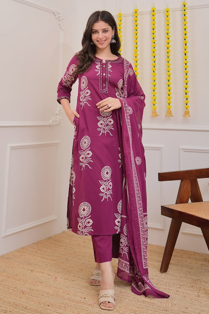 Pure Cotton Print Kurti With Pant & Mulmul Printed Dupatta - Image 3