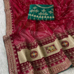 Georgette Sequence Border With Bandhani Print  Contrast Blouse