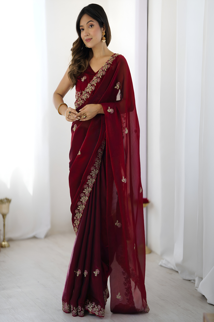 Bollywood Desing Satin Silk Sequance Thread Work Saree - Image 5