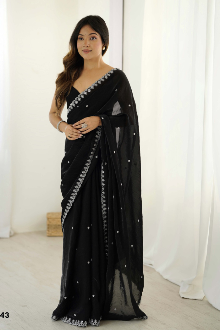 Bollywood Designer Satin Saree With Embroidery Work Aqua Blue Colour - Image 6