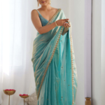 Bollywood Designer Satin Saree With Embroidery Work Aqua Blue Colour