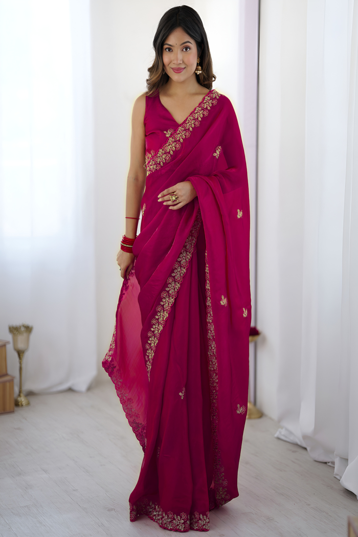 Bollywood Desing Satin Silk Sequance Thread Work Saree - Image 3