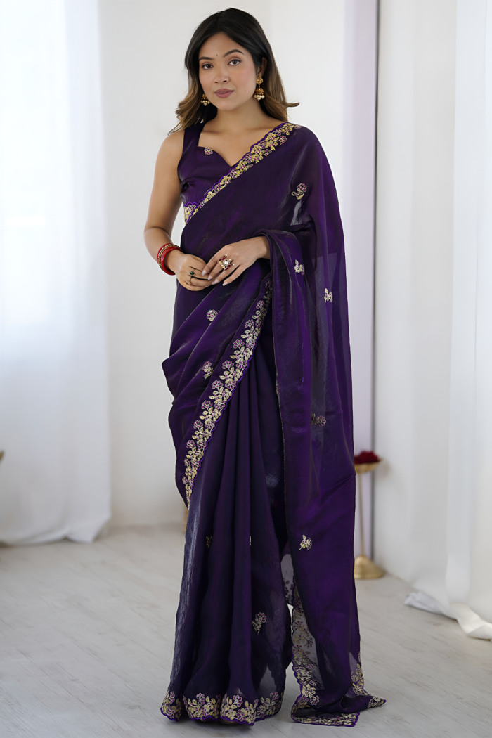 Bollywood Desing Satin Silk Sequance Thread Work Saree - Image 6