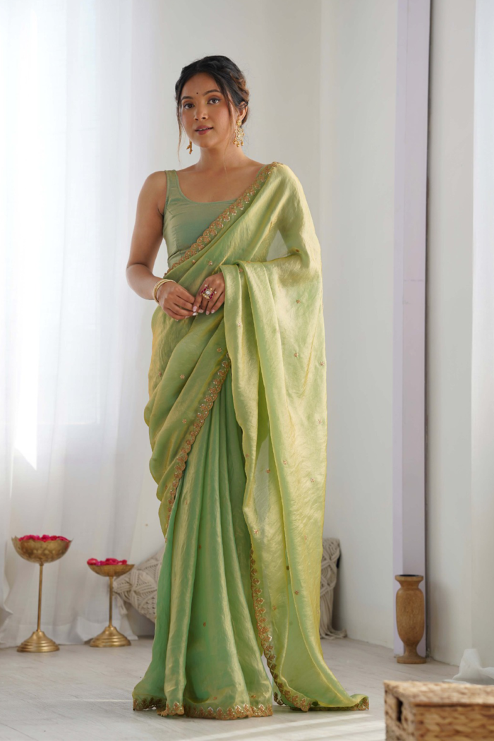 Bollywood Designer Satin Saree With Embroidery Work Aqua Blue Colour - Image 3