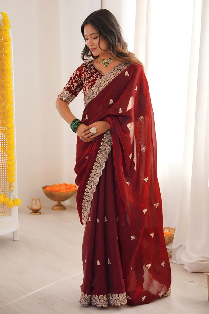 Bollywood Desing Satin Silk Sequance Thread Work Saree - Image 9