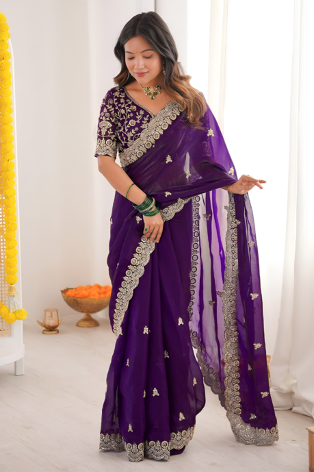 Bollywood Desing Satin Silk Sequance Thread Work Saree
