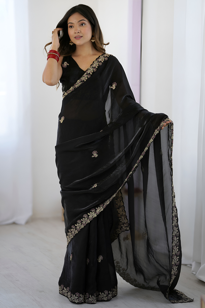 Bollywood Desing Satin Silk Sequance Thread Work Saree - Image 4