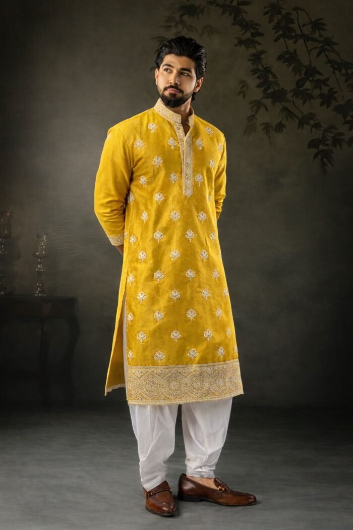 Men's Embroidery Wedding Kurta With Payjama Vol 07 - Image 5