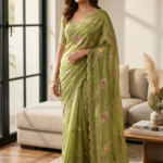 Pure Jari Moss Silk Saree With Embroidery Work All Aver Saree