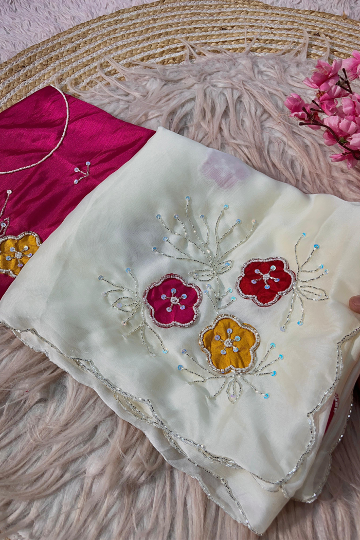 Soft Shine Rangoli Silk Saree With Premium Handwork With Cutwork Border - Image 3