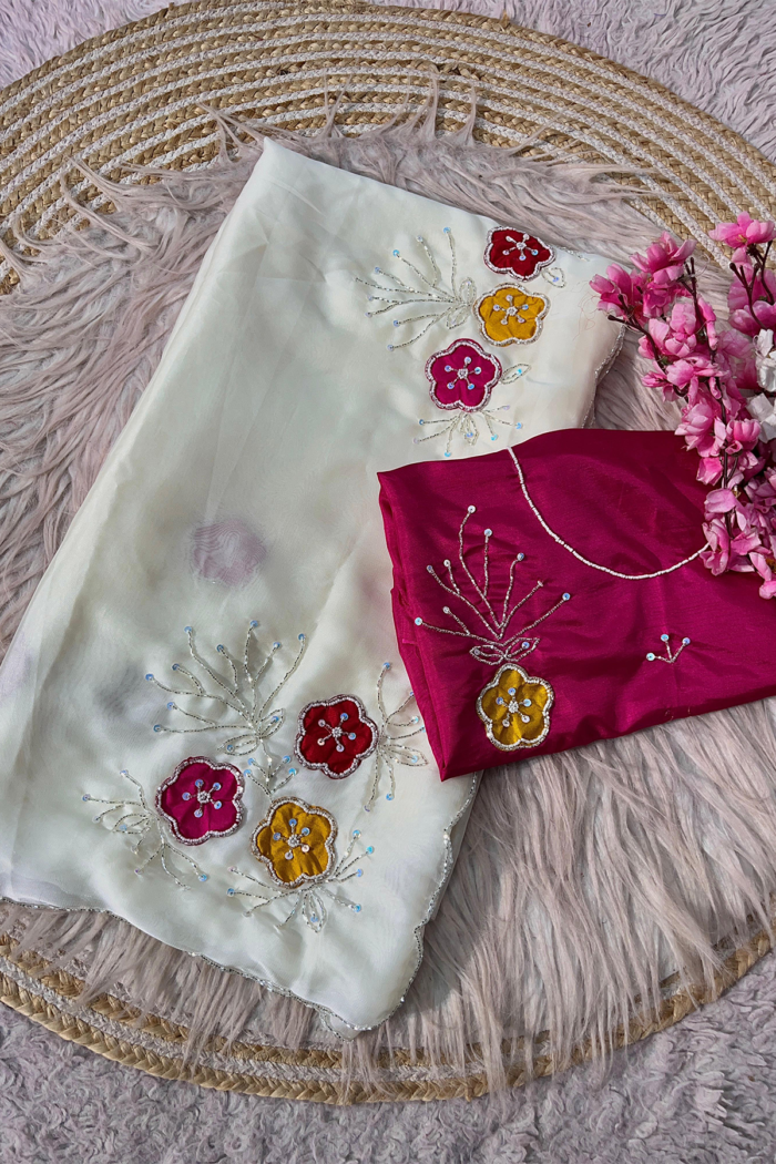 Soft Shine Rangoli Silk Saree With Premium Handwork With Cutwork Border - Image 4